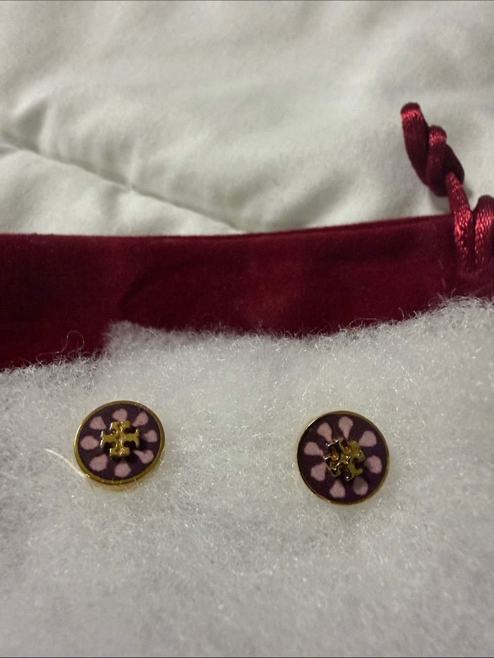 Tory Burch Gold-Tone Pink Floral Logo Stud Earrings